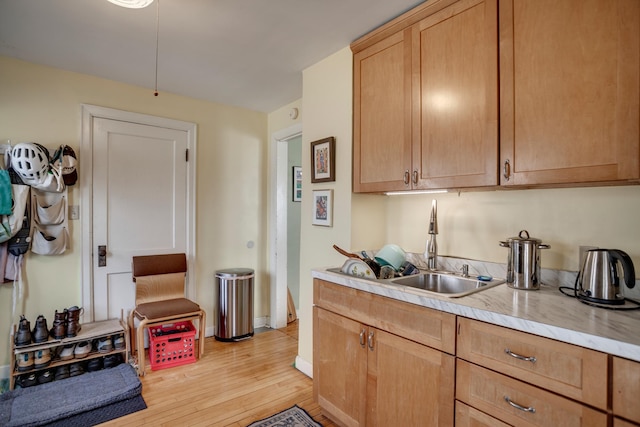 kitchen featuring light wood-style flooring, light countertops, baseboards, and a sink