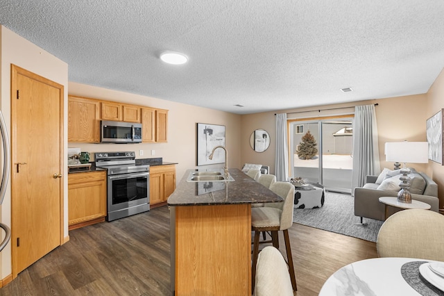 kitchen featuring appliances with stainless steel finishes, sink, a kitchen breakfast bar, dark hardwood / wood-style floors, and a kitchen island with sink