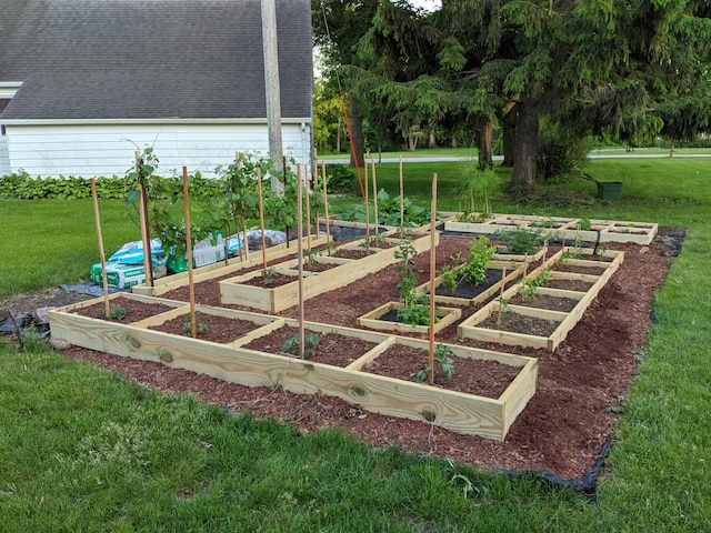 view of play area featuring a vegetable garden and a lawn