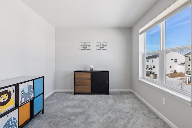 interior space with light carpet and baseboards