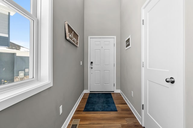 doorway to outside featuring plenty of natural light and dark hardwood / wood-style flooring