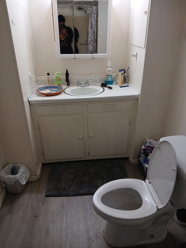 bathroom with vanity, wood finished floors, and toilet