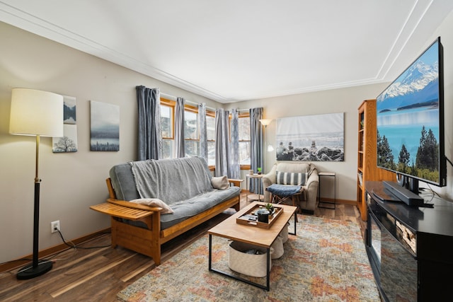 living room featuring dark wood-type flooring