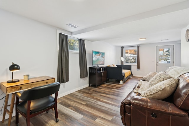 living room featuring a wealth of natural light and dark wood-type flooring