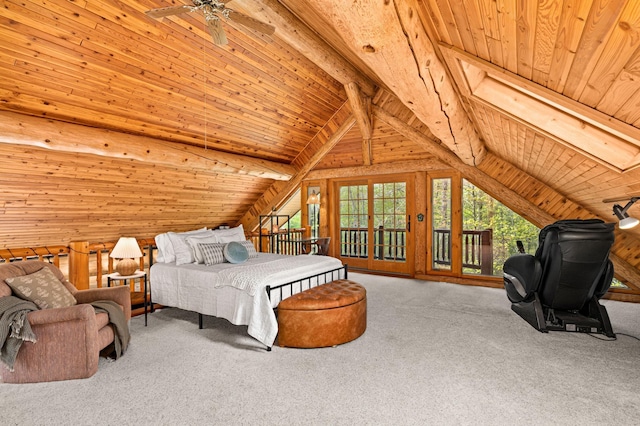 bedroom with access to outside, carpet, vaulted ceiling with beams, and wooden ceiling