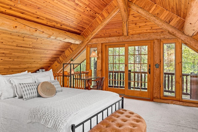 carpeted bedroom featuring lofted ceiling with beams, access to outside, and wooden ceiling