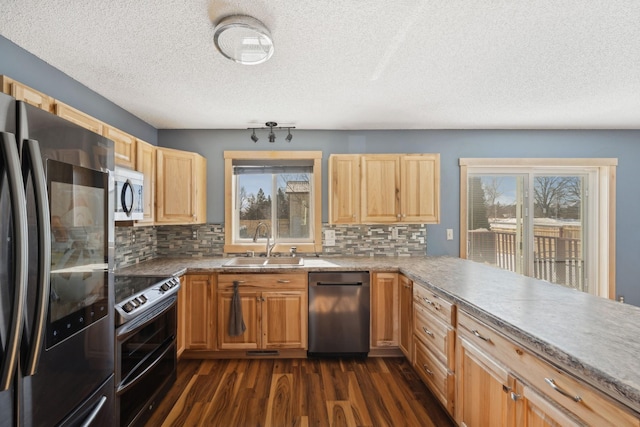 kitchen featuring backsplash, dark wood-type flooring, stainless steel appliances, light countertops, and a sink