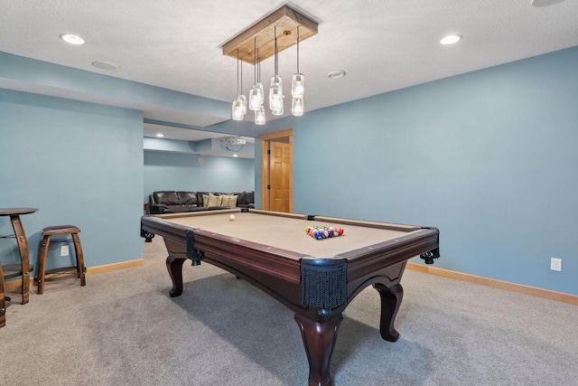 playroom with billiards and light carpet