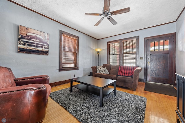 living room with hardwood / wood-style floors, crown molding, and a textured ceiling