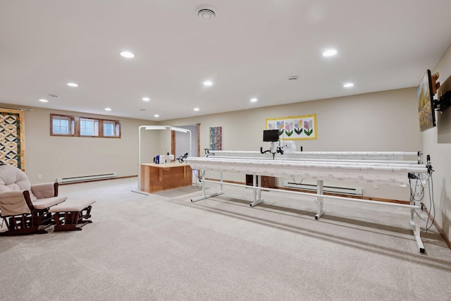 workout area featuring recessed lighting, light colored carpet, and baseboard heating