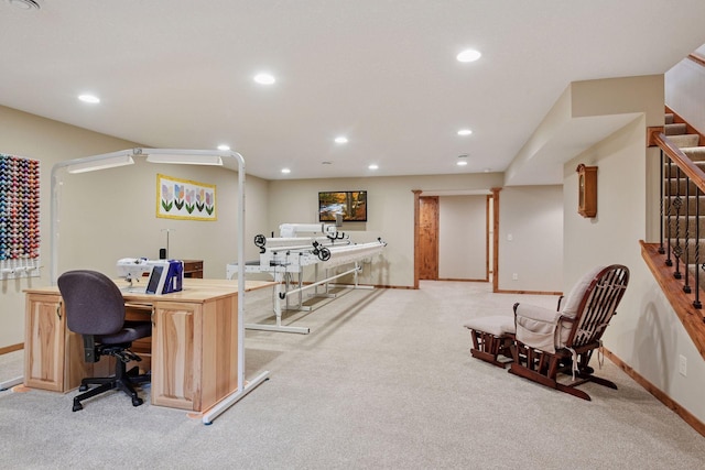 home office featuring light carpet, recessed lighting, and baseboards