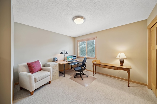 carpeted office space with a textured ceiling