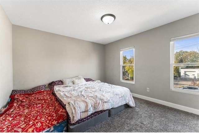 bedroom with multiple windows, carpet flooring, and a textured ceiling