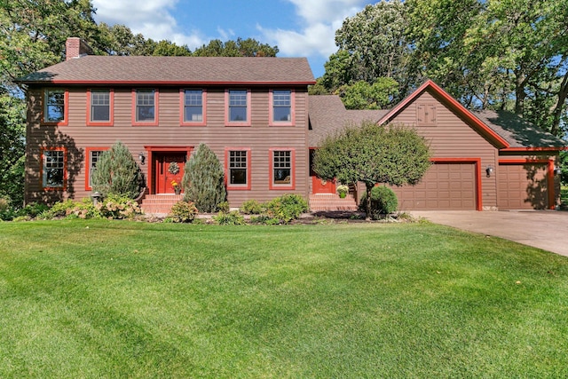 colonial-style house featuring concrete driveway, a chimney, an attached garage, and a front yard