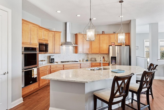 kitchen featuring wall chimney exhaust hood, a center island with sink, stainless steel appliances, and a sink