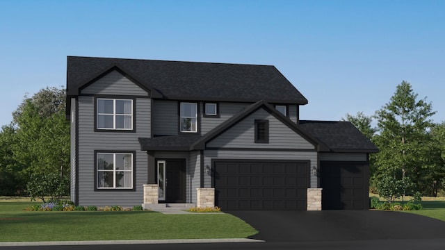 view of front facade with a garage, a front yard, driveway, and a shingled roof