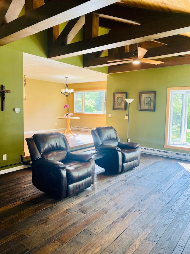 living room with a baseboard radiator, hardwood / wood-style flooring, and lofted ceiling with beams