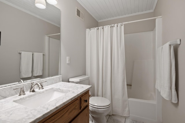 bathroom featuring ornamental molding, visible vents, vanity, and toilet