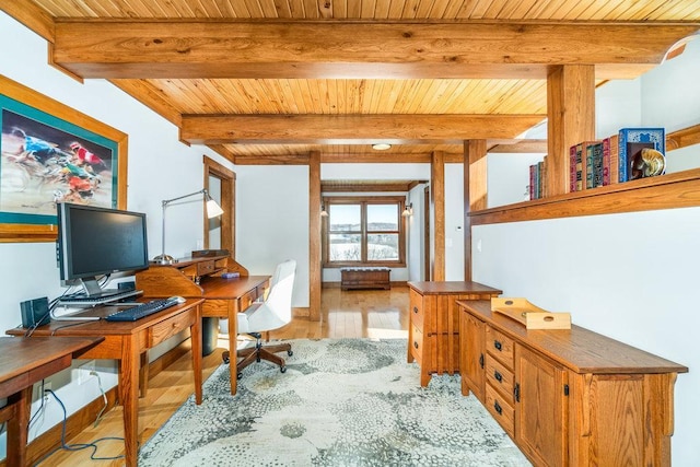 N7900 County Road J, Sherman Twp, WI 54751 - office area with a wooden ceiling with exposed beams and wood finished floors