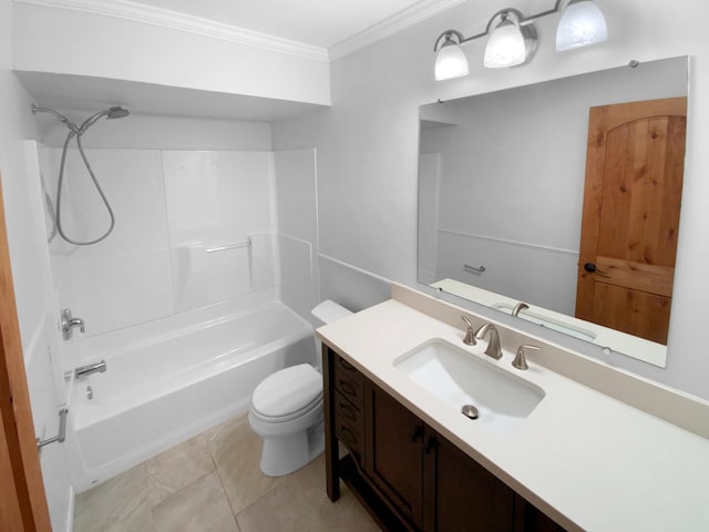 full bathroom with shower / washtub combination, vanity, tile patterned flooring, toilet, and ornamental molding