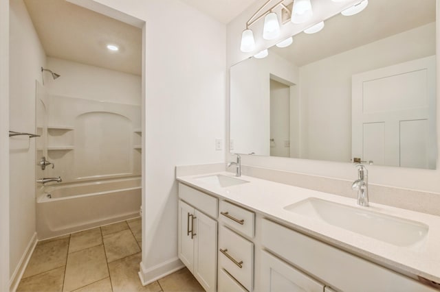 bathroom featuring tile patterned flooring, vanity, and  shower combination