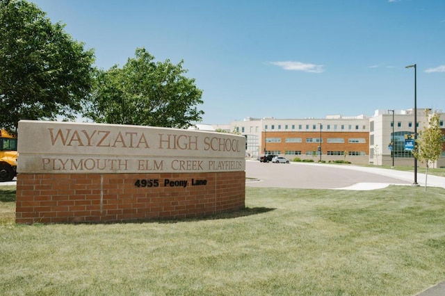 community sign featuring a lawn