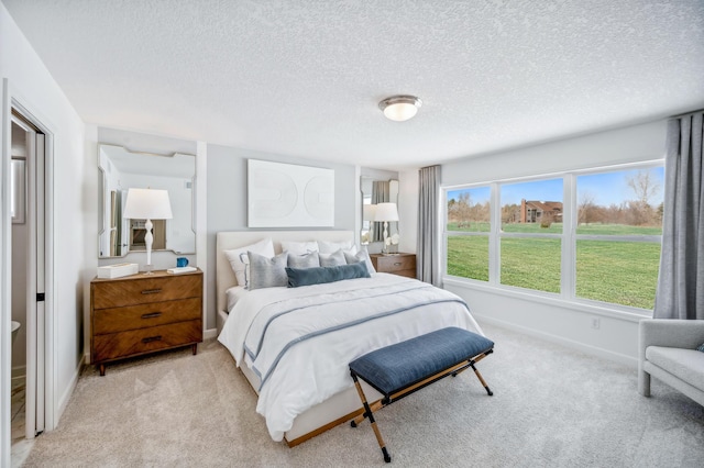 bedroom with light carpet, a textured ceiling, and baseboards