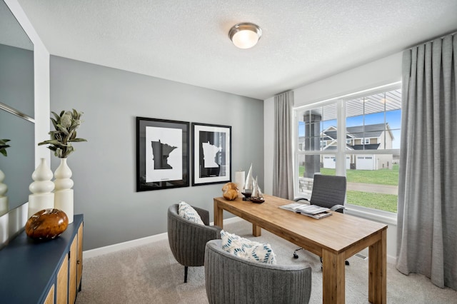 office space with light carpet, a textured ceiling, and baseboards