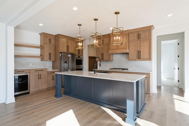 kitchen featuring open shelves, a sink, stainless steel appliances, wine cooler, and light countertops