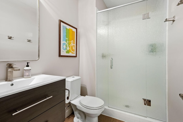 bathroom featuring toilet, a shower stall, and vanity