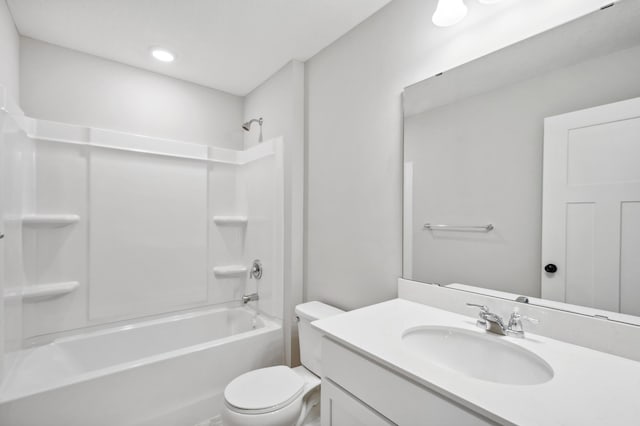 full bath with toilet, tub / shower combination, and vanity