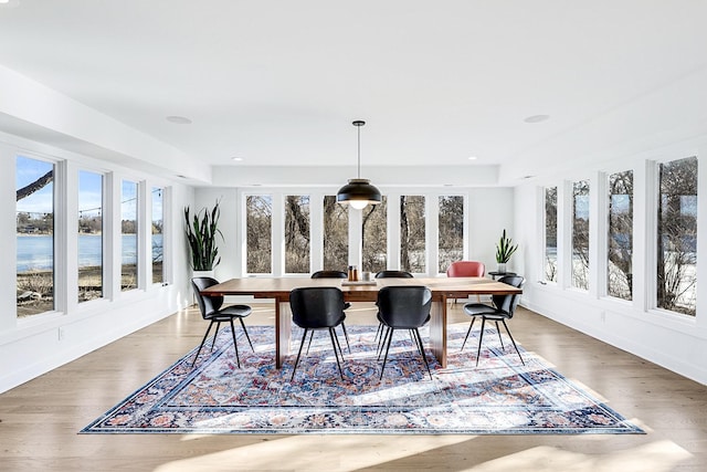 dining space with wood finished floors and recessed lighting