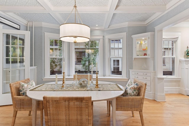4943 Dupont Ave S, Minneapolis, MN 55419 - dining space with coffered ceiling, light wood-style floors, wallpapered walls, beamed ceiling, and ornamental molding
