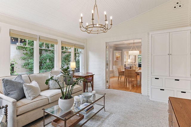 4943 Dupont Ave S, Minneapolis, MN 55419 - living room featuring lofted ceiling, a chandelier, and light carpet