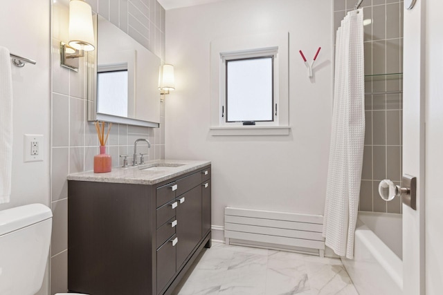 4943 Dupont Ave S, Minneapolis, MN 55419 - full bathroom with marble look tile flooring, vanity, and shower / bathtub combination with curtain