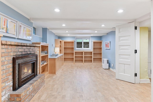4943 Dupont Ave S, Minneapolis, MN 55419 - unfurnished living room featuring a fireplace, light wood-style flooring, recessed lighting, and ornamental molding