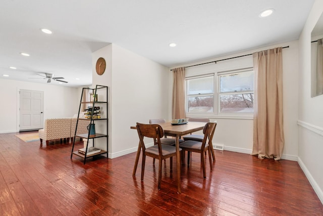 dining space featuring visible vents, recessed lighting, baseboards, and hardwood / wood-style flooring