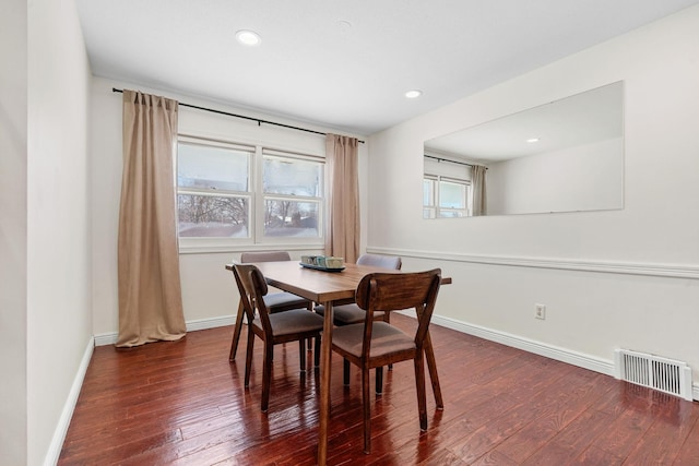 dining room with recessed lighting, visible vents, baseboards, and dark wood finished floors