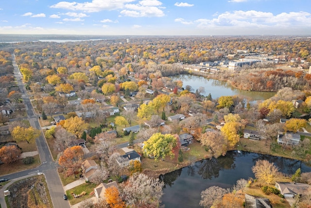 drone / aerial view featuring a water view