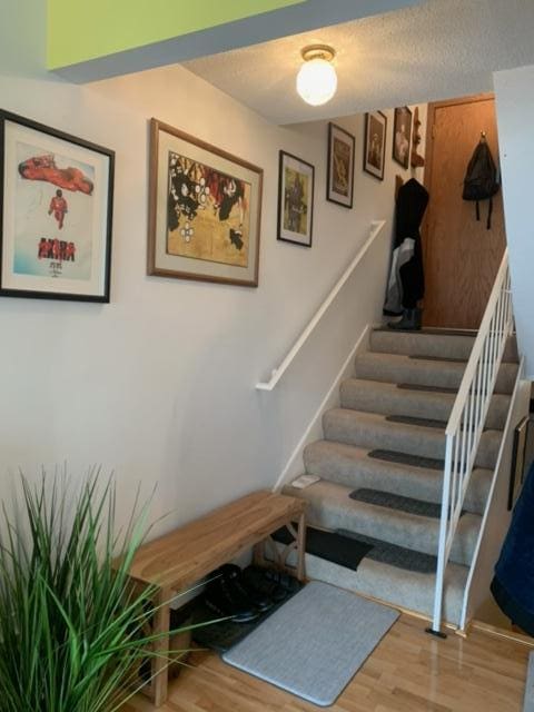 stairs featuring wood finished floors