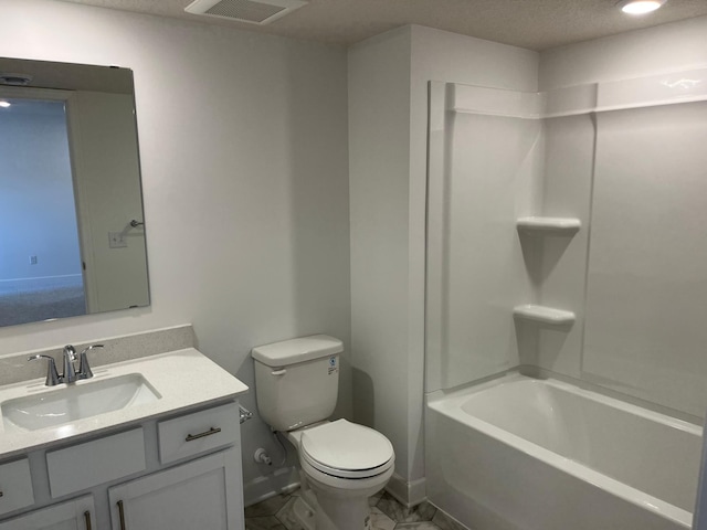 full bathroom with toilet, visible vents, baseboards, vanity, and shower / bathing tub combination