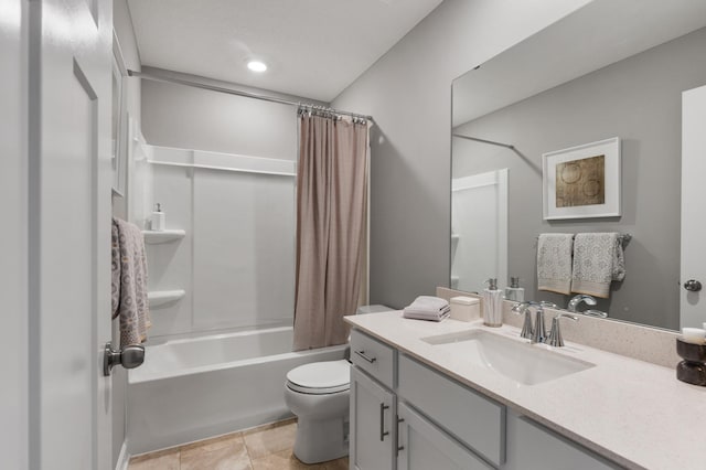 bathroom with shower / bath combination with curtain, vanity, and toilet