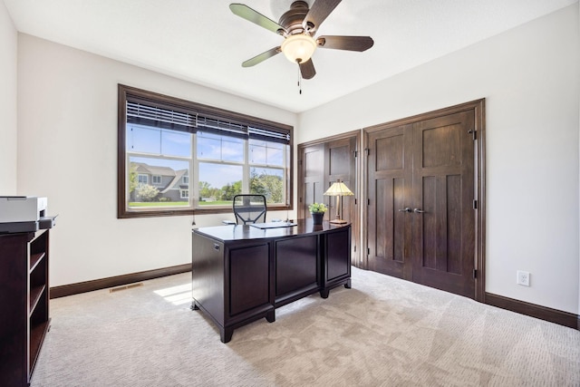 4680 Spruce Way, Medina, MN 55359 - home office with light carpet, baseboards, and ceiling fan