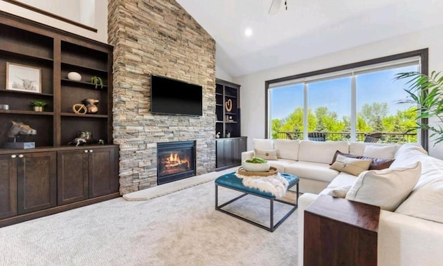 4680 Spruce Way, Medina, MN 55359 - living room featuring built in shelves, a fireplace, and high vaulted ceiling