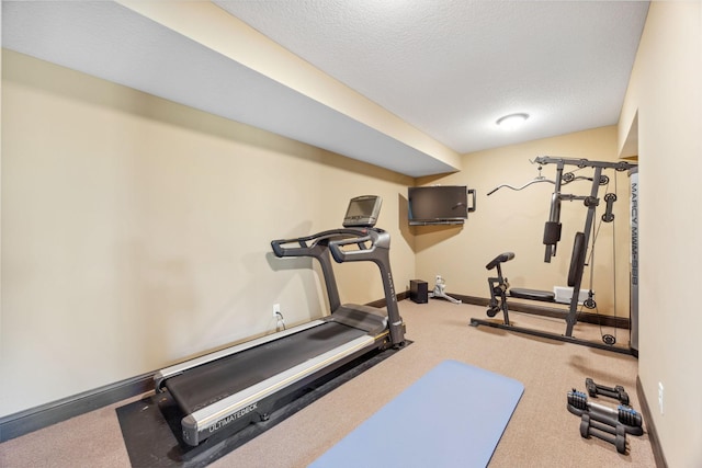 4680 Spruce Way, Medina, MN 55359 - workout room with carpet flooring, a textured ceiling, and baseboards