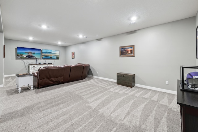 living room featuring recessed lighting, carpet flooring, and baseboards