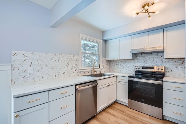 kitchen featuring appliances with stainless steel finishes, light hardwood / wood-style flooring, tasteful backsplash, sink, and white cabinetry