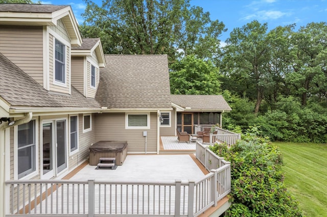 6388 Jasmine Ave N, Stillwater, MN 55082 - wooden deck with a hot tub, a sunroom, and a yard