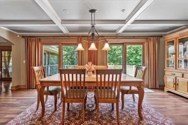 6388 Jasmine Ave N, Stillwater, MN 55082 - dining room with arched walkways, coffered ceiling, plenty of natural light, wood finished floors, and beamed ceiling
