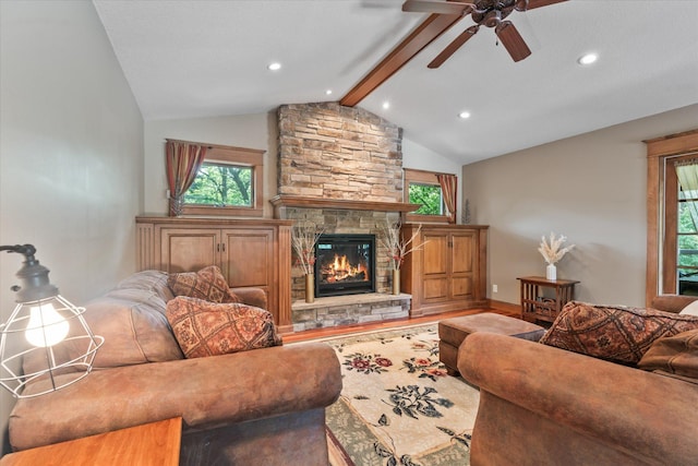 6388 Jasmine Ave N, Stillwater, MN 55082 - living room with a ceiling fan, a fireplace, wood finished floors, and recessed lighting